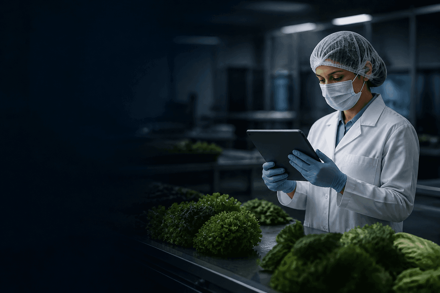 Food safety professional inspecting produce with a tablet